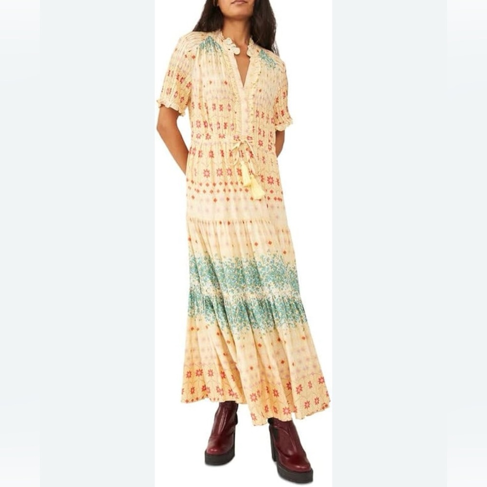 Free People Rare Feeling Cloud Combo Boho Floral Pleated Maxi Dress Size Small